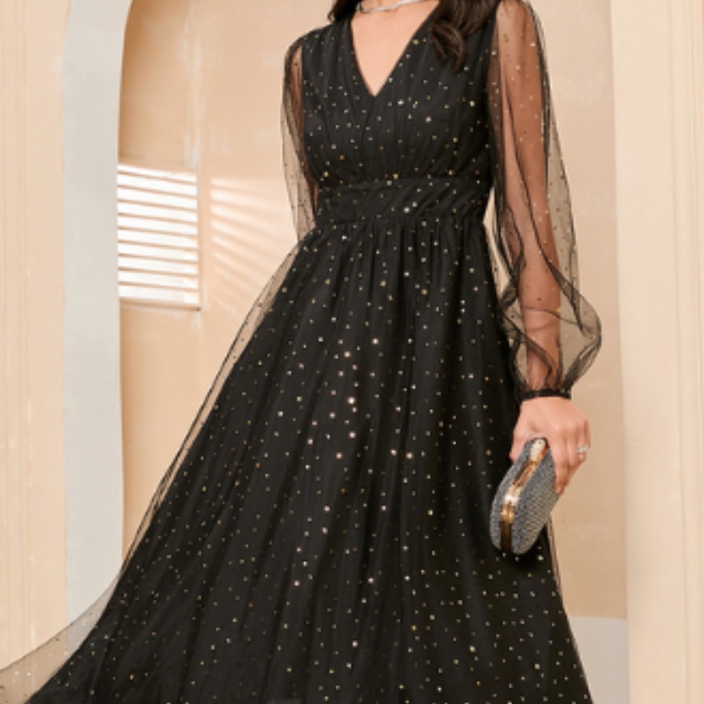 JJ'S House Black V-Neck Long Sleeves A-line Tulle Midi Ankle-Length Dress NWT